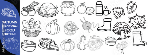 Autumn traditional food icon, thanksgiving day holiday table hand drawn doodle line illustration set. Harvest fall pumpkin, celebration turkey, dessert pie, November eatery design element. Autumn food