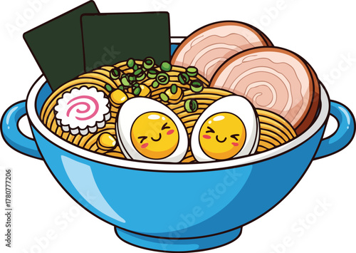Cute cartoon Ramen bowl with happy egg and chashu toppings, vector illustration.