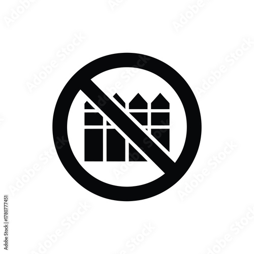 No fence sign. Black banned circle with fence pictogram on transparent background