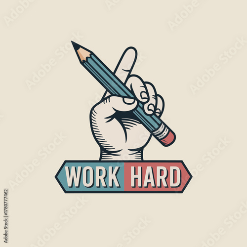 This image features a stylized hand holding a pencil with a motivational message 'Work Hard' emphasizing creativity and diligence in professional or academic pursuits.