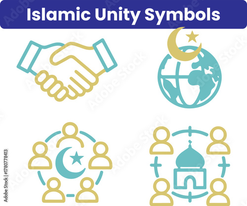 Islamic Unity Symbol Icon Set Modern Vector Icons Representing Muslim Brotherhood Solidarity Peace Cooperation Prayer Community and Spiritual Harmony Collection