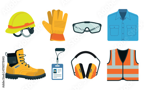 safety equipment and personal protective gear. vector illustration featuring helmets, gloves, goggles, boots, and vests used in construction, industry, and workplace