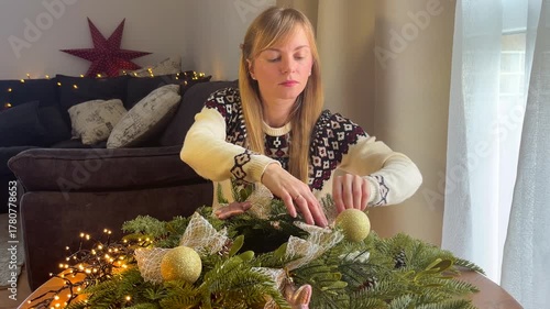 Woman in a Christmas sweater decorating a festive wreath, cozy winter holiday mood at home