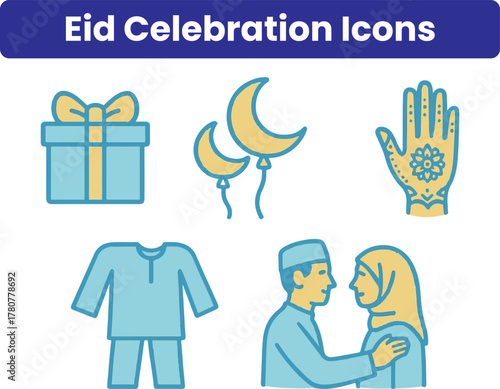 Eid Celebration Icon Set Modern Islamic Festival Vector Icons with Mosque Crescent Moon Lantern Prayer Food and Muslim Culture Elements Collection