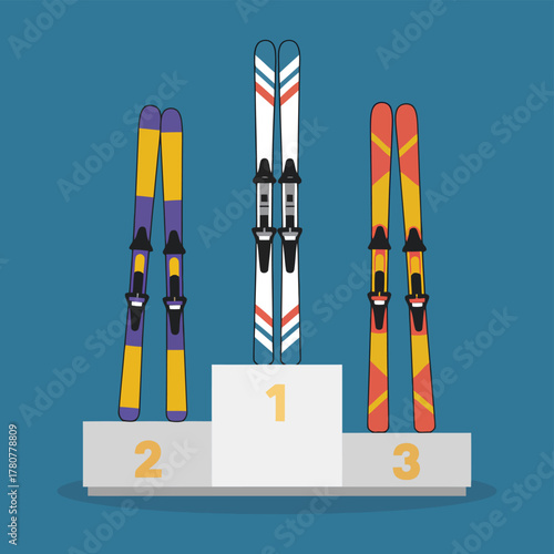 Winner podium with winter skis, vector illustration for winter games, skiing competition
