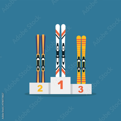 Winner podium with winter skis, vector illustration for winter games, skiing competition