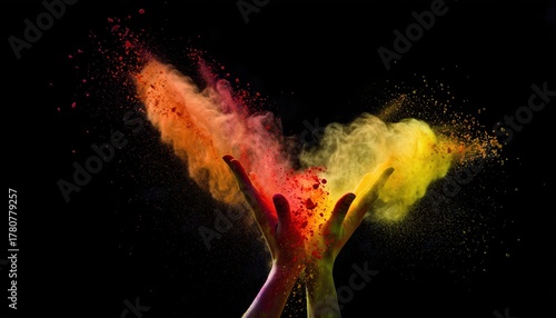 Closeup of Hands Throwing Vibrant Holi Powder in Black Night as Colors Explode