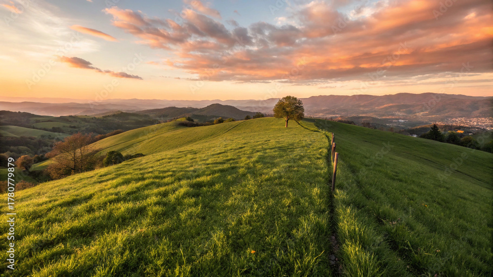 Obraz premium Grassy hill at sunset