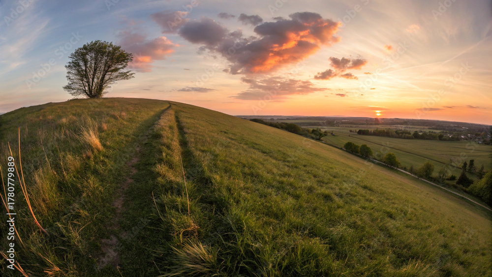 Obraz premium Grassy hill at sunset
