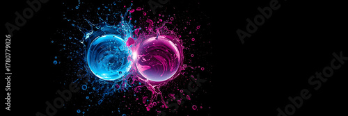 Colorful liquid spheres colliding in vibrant splashes of blue and pink fluid
