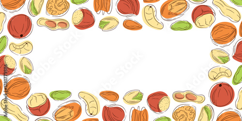 Border frame with nut, almond, cashew, peanut, walnut, hazelnut, pistachio, macadamia and pecan in flat style. Design for grocery store card.