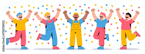 A vibrant illustration of five happy children celebrating with raised arms, surrounded by colorful confetti, showcasing joy and togetherness in a playful atmosphere.