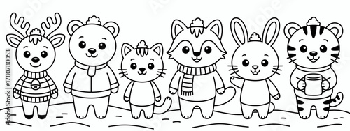 This delightful illustration features adorable cartoon animals like a bear and a rabbit wearing winter hats, radiating warmth and cheerfulness amidst a snowy backdrop.