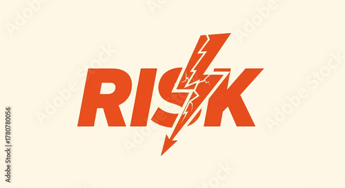 Typographic design of the word Risk with a lightning bolt striking through it, a vector illustration concept of danger and warning