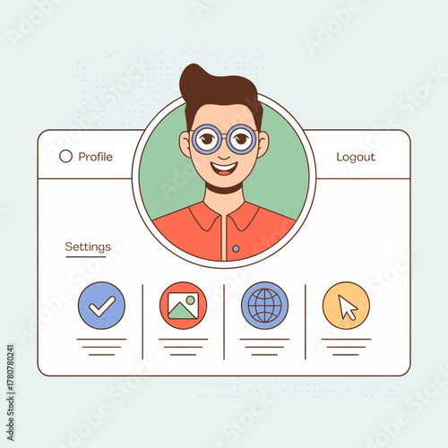 This engaging illustration displays a user profile view featuring a cheerful character and settings options, suitable for online platforms and community interactions.
