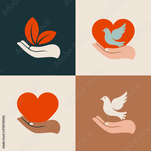 In this illustration, hands cradle symbols of love and nature, encapsulating gentle care and affection towards living beings and the environment in a creative manner.