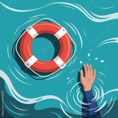 An illustration showcasing a lifesaver ring encircling a hand in turbulent waters, evoking the struggle between hope and despair, and the crucial role of support in times of crisis.