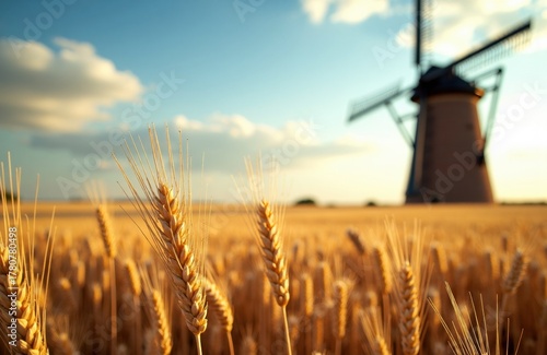 Golden wheat field with a traditional windmill in the background under a partly cloudy sky during sunset