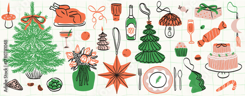 Retro whimsical vintage new year table and home decor set in doodle line art print style. Christmas dinner feast, food, wine or champagne. Hand drawn ink winter holiday party invitation card elements.