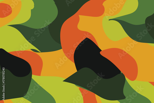 Abstract organic shape pattern with vibrant green, orange, yellow, and black colors, forming a seamless fluid design for modern backgrounds and textiles