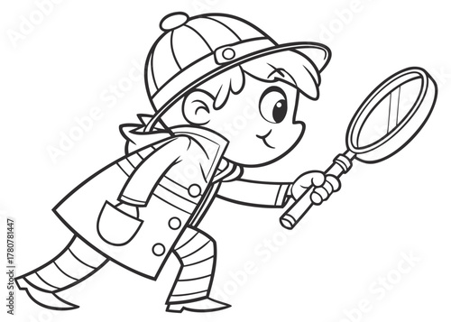 Curious Kid Detective with Magnifying Glass Outlines