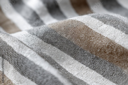 High-quality texture of white and grey striped linen fabric in close-up view, neutral tone and minimalist style, for textile design, website background, or creative project applications.