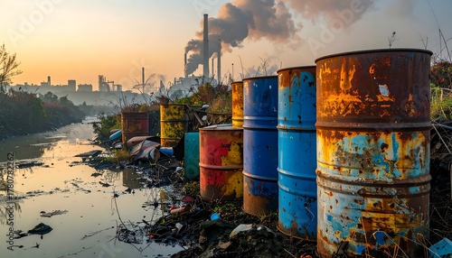 Rusty, colorful barrels line a polluted waterway, with industrial smokestacks emitting smoke in the background at sunset
