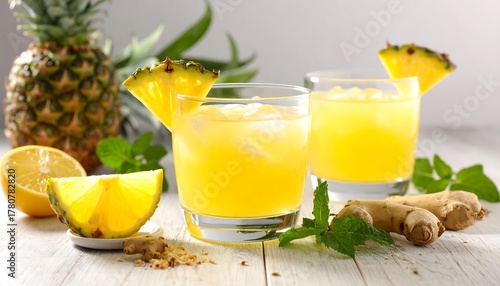 Refreshing image of two glasses filled with yellow liquid. Garnishes include pineapple slices, mint, and a lemon. A pineapple and ginger root are also visible
