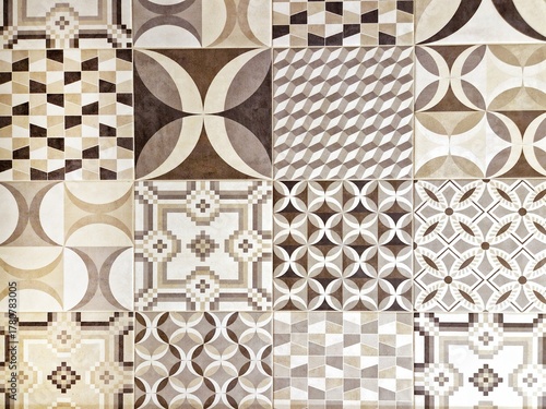 Patchwork patterned decor tile which features random semi-repeating patterns in white, brown and black colours