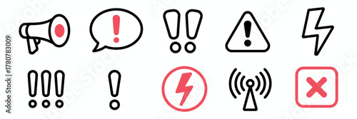 Doodle red exclamation marks and hand-drawn warning signs — vector illustration set for alerts, caution messages, toxic hazards, danger notifications, and safety awareness design projects.