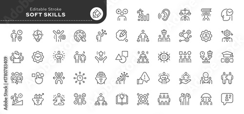 Soft skills line icon set. Ability, problem solving, knowledge, self-esteem, efficiency, productivity, adaptability, responsibility, punctuality. Outline icon in linear style. Vector collection.	