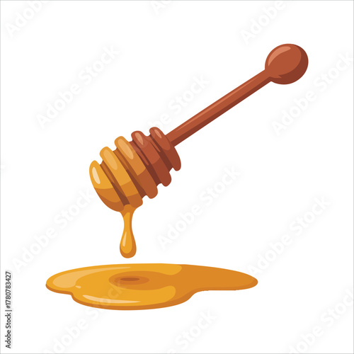 wooden honey dipper with dripping honey drop vector art isolated on white background