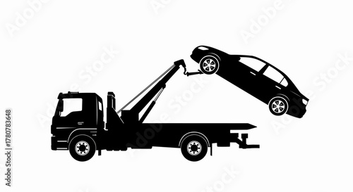 Tow truck towing a car silhouette. Roadside assistance and vehicle recovery service vector illustration