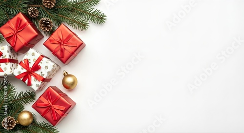 Christmas presents and decorations including red gift boxes gold ornaments and pine branches arranged Isolated on transparent background, png with copy space
