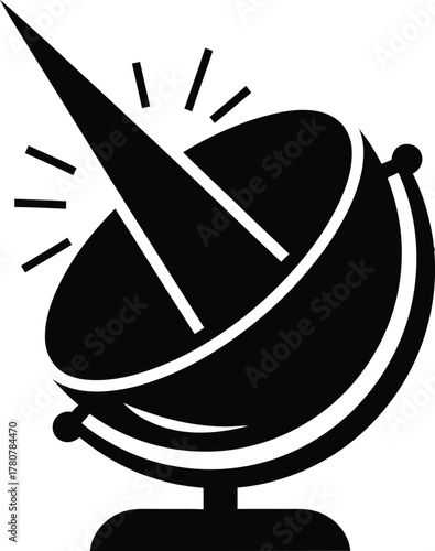 Black and white vector illustration of a satellite dish antenna for communication and signal reception