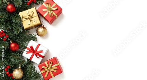 Fototapeta Naklejka Na Ścianę i Meble -  Christmas presents and ornaments with evergreen branches festive holiday background with copy space seasonal decoration Isolated on transparent background, png