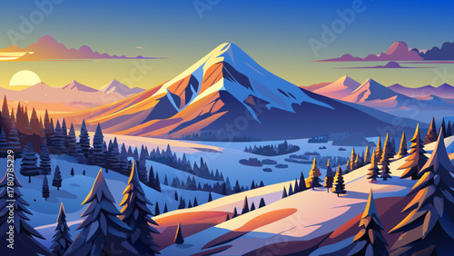 Very beautiful aerial winter view of Sugarloaf Mountain in Maine at sunrise, with soft golden light illuminating snowy slopes, pine forests, and a calm peaceful atmosphere in a realistic landscape sce
