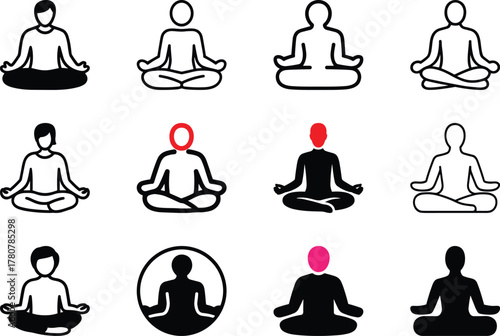 Collection of yoga icons depicting people in various meditation poses with some highlighting specific features
