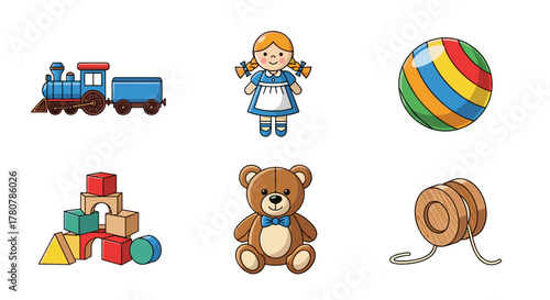Colorful children’s toys including a train, doll, ball, blocks, teddy bear, and yo-yo  