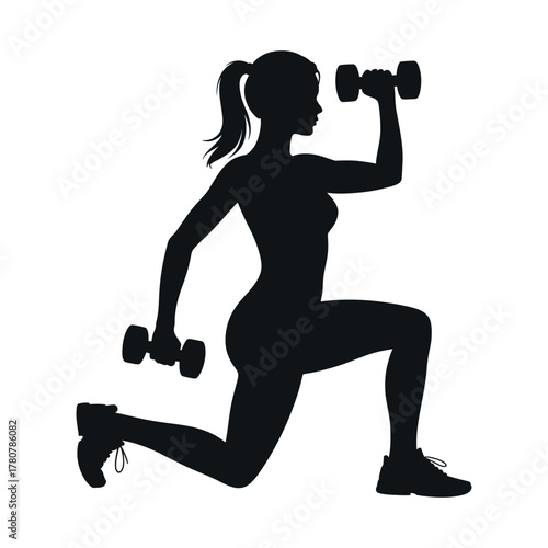 woman lifting dumbbells silhouette. vector illustration of female fitness workout, gym exercise, and bodybuilding pose, representing power, strength, and healthy lifestyle concepts.