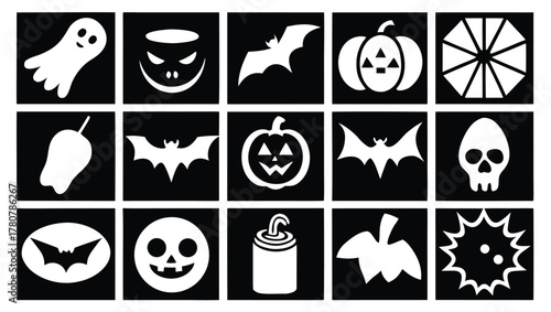A vector collection of black silhouette Halloween icons and symbols set for web design