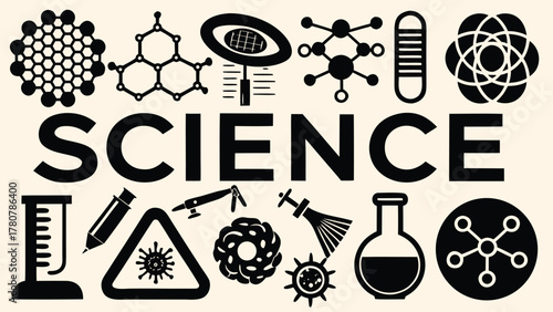 The science school icon vector set illustrates educational symbols and equipment with hand-drawn black silhouettes