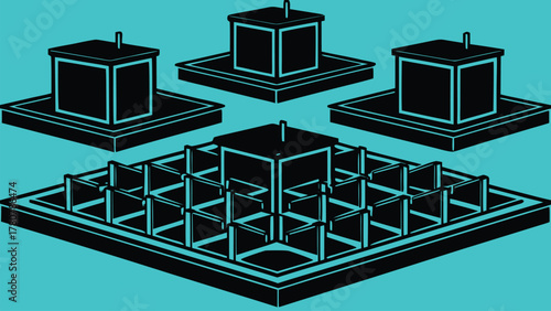 Isometric 3D render of a modern office building with reflection and a factory building for business and industry architecture