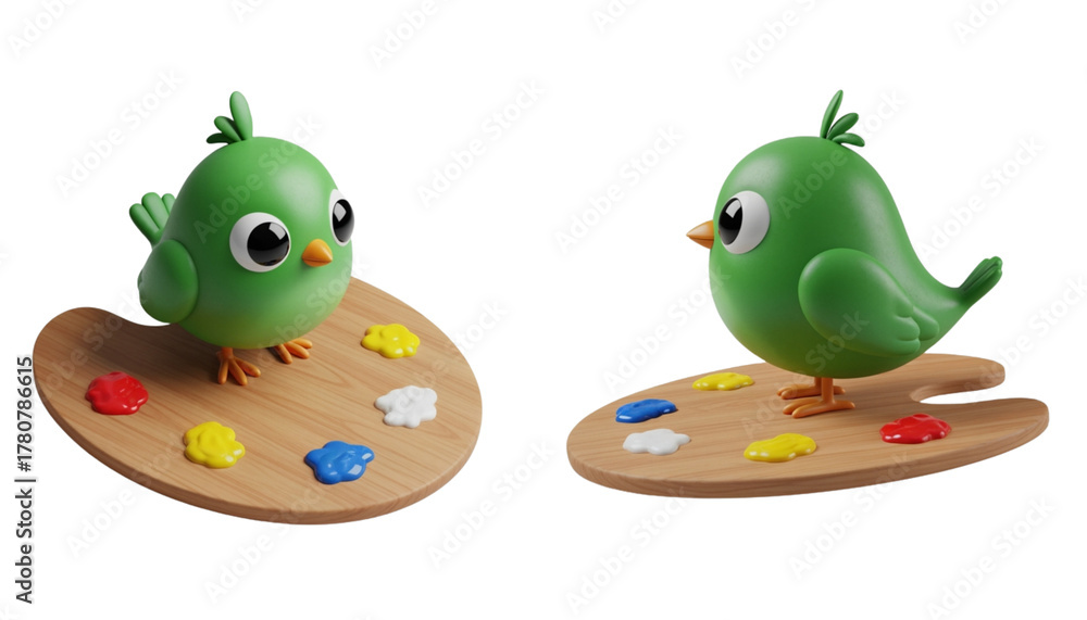 Fototapeta premium Cute green bird standing on paint palette isolated on transparent background PNG