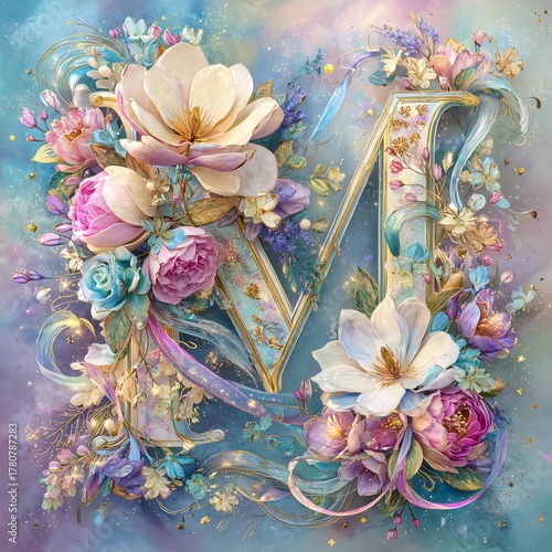 Floral letter M adorned with delicate blossoms.