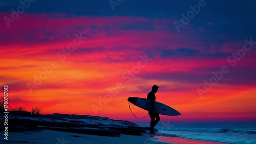 Silhouetted surfer with a board walks along a sunset beach under bold orange and purple skies above