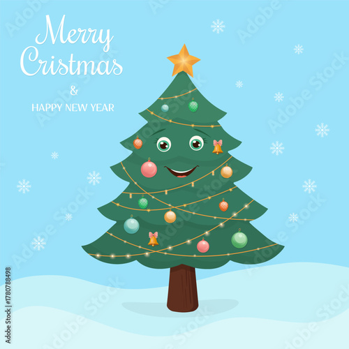 Cartoon Christmas tree with eyes, smile, garlands, star topper, ornaments on a blue snowflake background, with greeting text .  Suitable for greeting cards, banners, prints. Vector illustration.