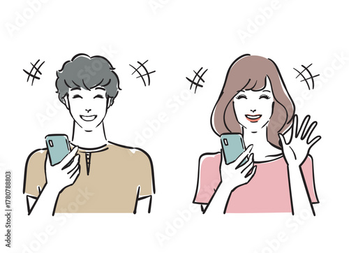 スマホを持った笑顔の爽やかな30代男女