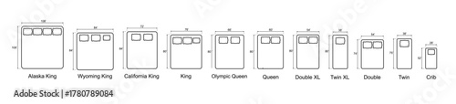 Bed Sizes and Mattress Dimensions . Pictograms depict icons of bed sizes. Vector
