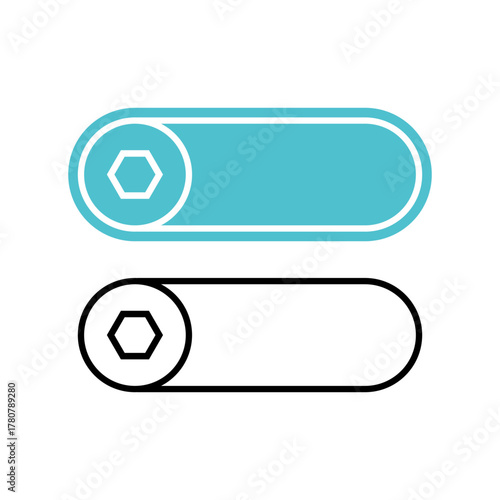 Two toggle switch icons, one active blue and one inactive outlined, both featuring a hexagon symbol for settings.